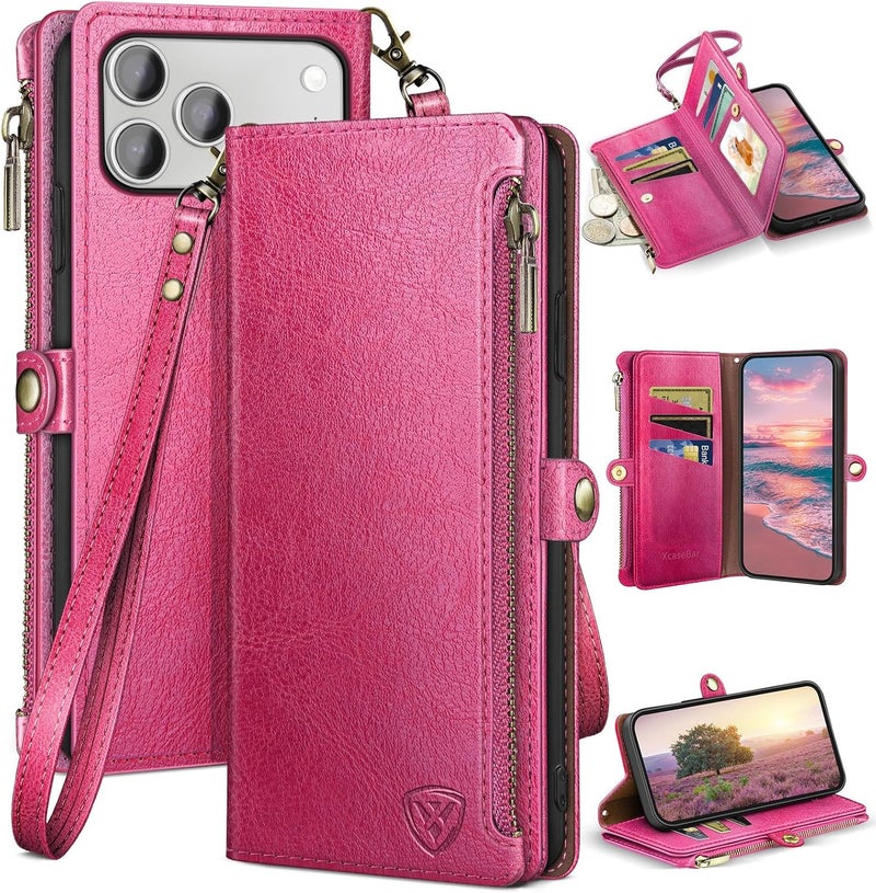 XcaseBar Compatible with iPhone 17 Pro Max 6.9" Wallet case with Zipper Credit Card Holder【RFID Blocking】,Flip Folio Book PU Phone case Shockproof Cover Women Men for Apple 17 Pro Max case Rose Red - Image 1